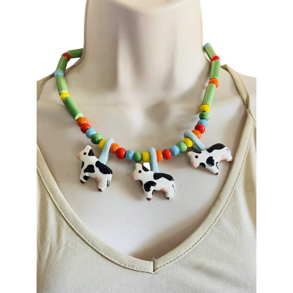 Flying Colors Signed Cow NECKLACE Ranch Western CERAMIC VTG Colorful Statement - Picture 3 of 7
